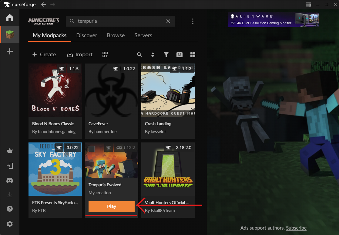 Click Play on Modpack
